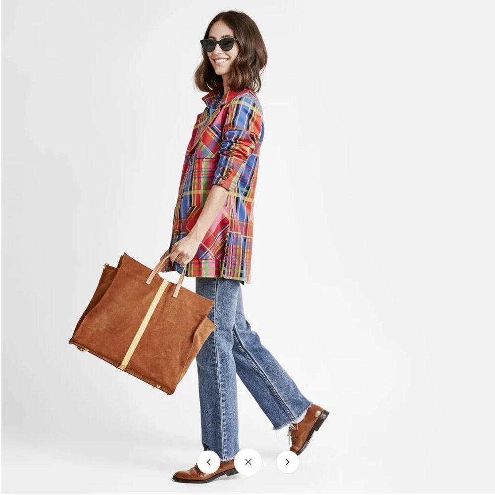 Clare V. Simple Tote in Chestnut Suede w/Canary, Pale Pink & Canary Mini Stripes